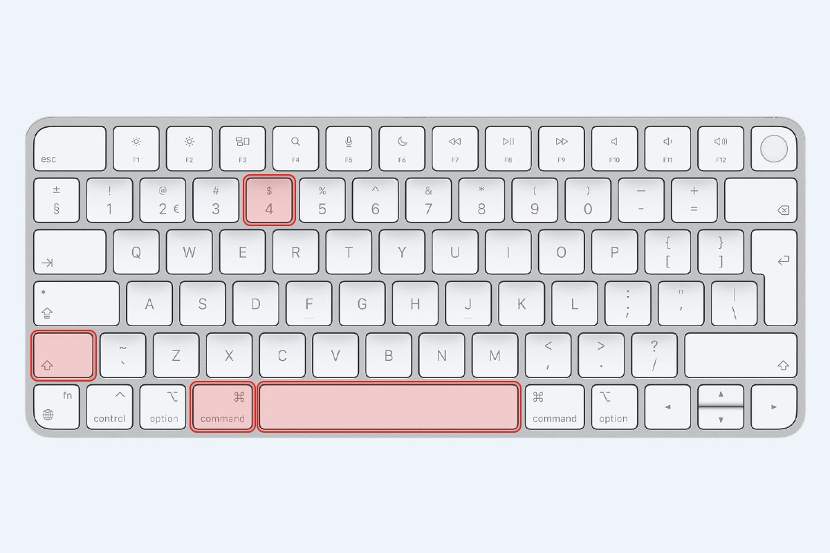 Mac keyboard with Command, Shift, 4 and spacebar highlighted