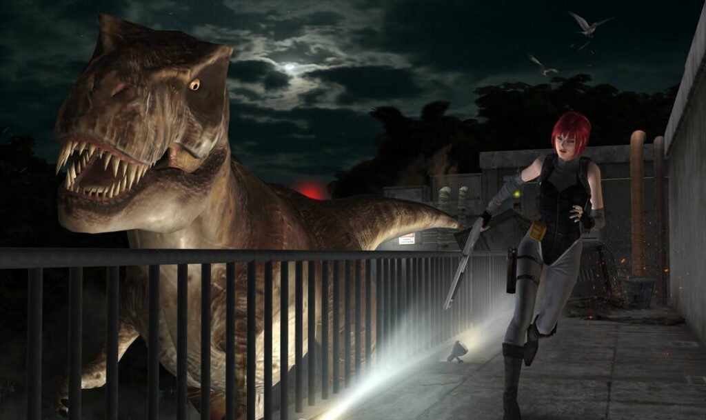 An animated picture of a girl holding a gun running on an edge bridge and a dinosaur chasing her beside