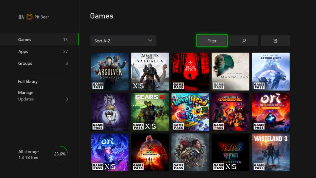 Screenshot of a number of games listed in games section 