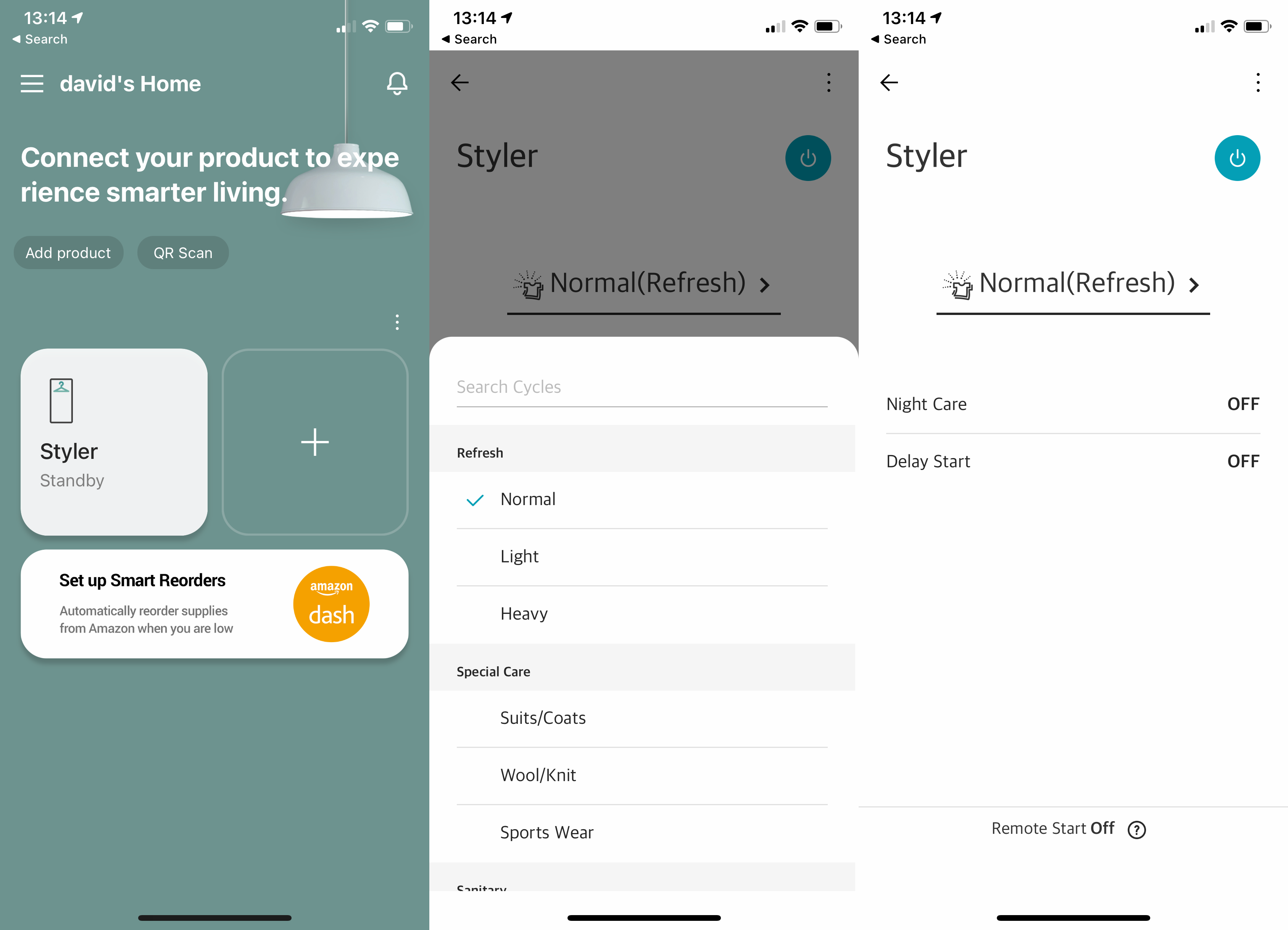 Screenshots from LG's styler application's settings about refresh and night care