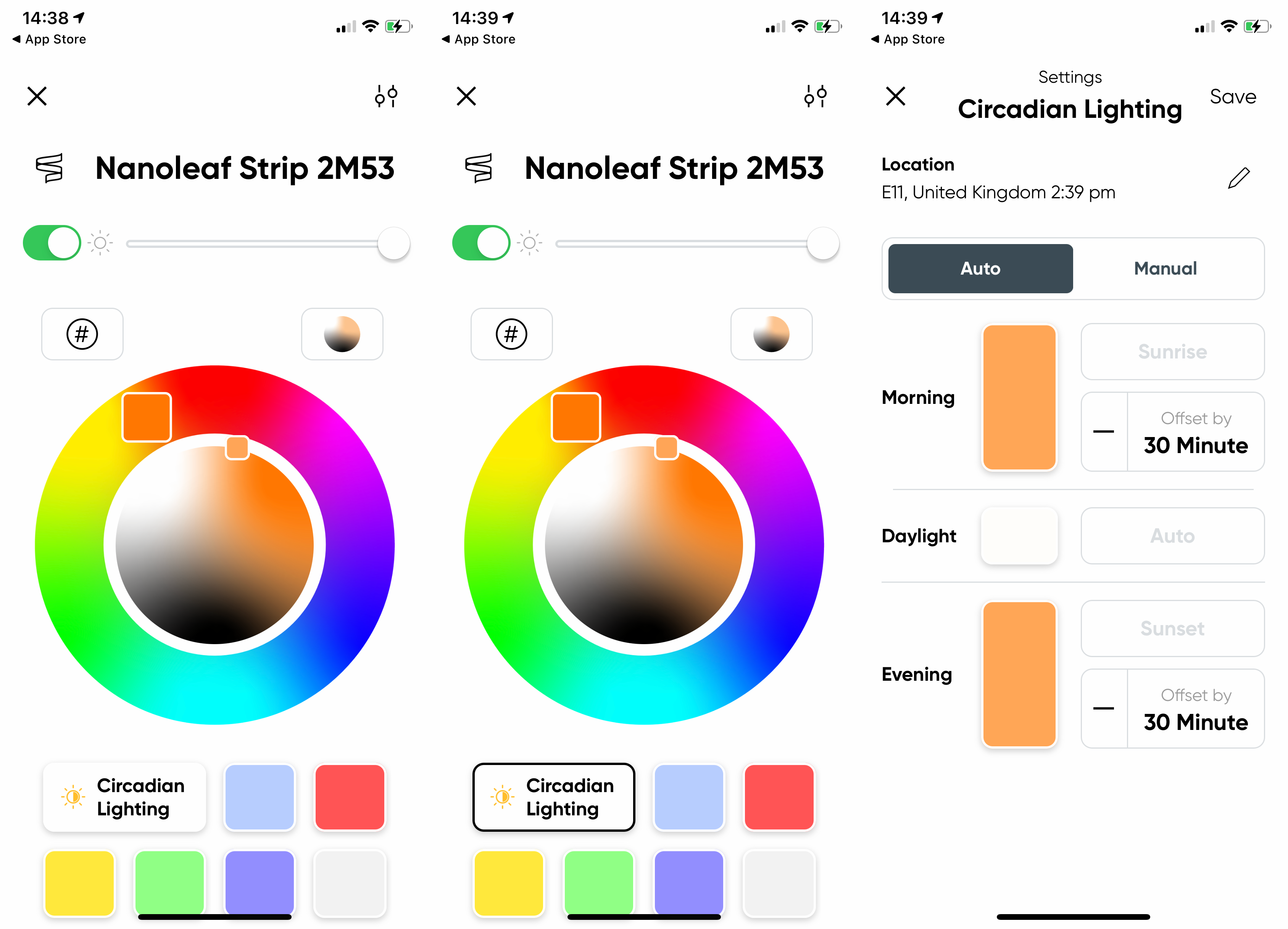 Screenshots of color settings of Nanoleaf A19 A4JW