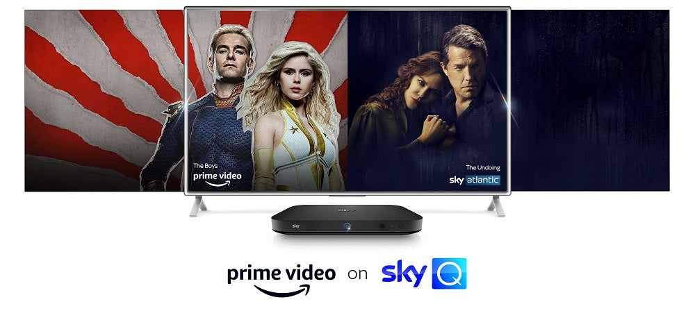 A TV and a Sky Q standing on white background with Prime Video on Sky Q written below