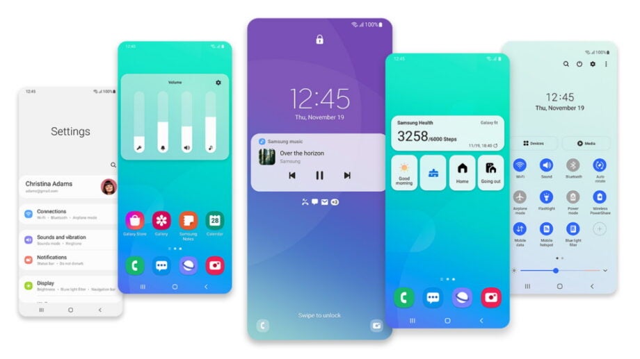 Five different screenshots of Samsung One UI 3 with Android 11 about different sections of system