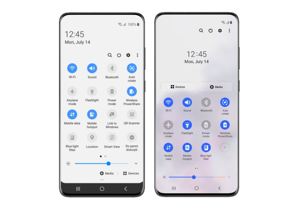 Two smartphones standing on white background, both displaying pulled-down notification bar