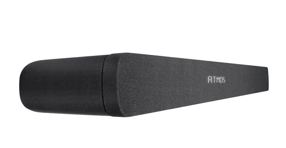Left angled view of a black TCL-TS8111 sound bar kept on a white background
