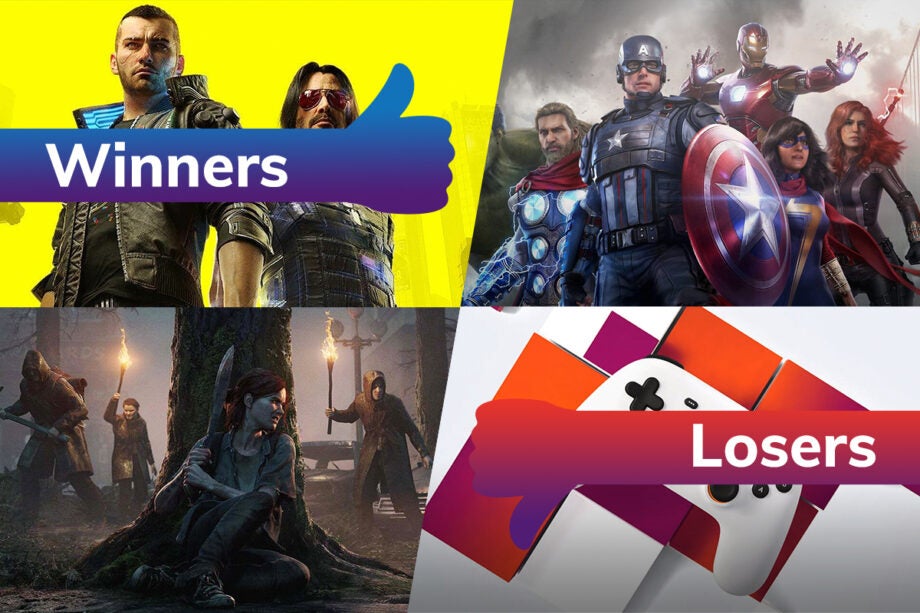 Two thumbnails of PS games on left tagged as winners and thumbnail of Avengers and white controller on the right tagged as losers