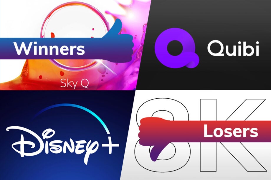 A Sky Q and Disney+ logo on left tagged as winners and a Quibi and 8K logo on the right tagged as losers