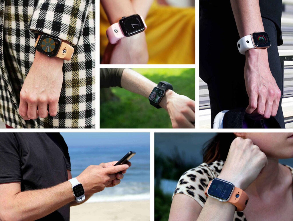 Multiple images of a watch held in by many different individuals, showcasing Wristcam, a camer above the watch dial