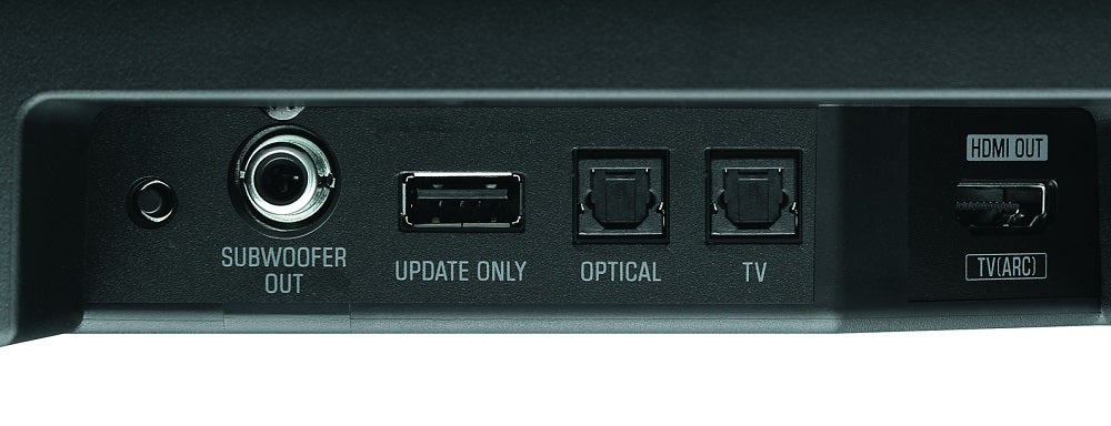Close up image of a Yamaha SRB20AB black soundbar's ports section