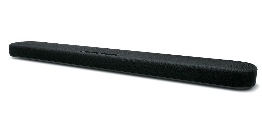 A black Yamaha SRB20AB sound bar resting on a white background
