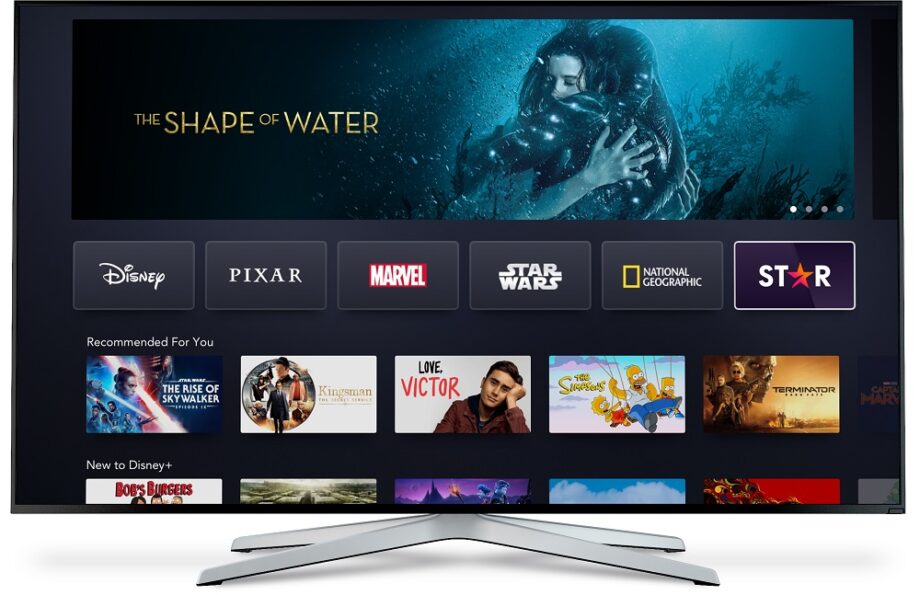 A silver TV standing on white background displaying option to stream content from Disney, Pixar, Marvel, Star Wars, Nat Geo, and Star