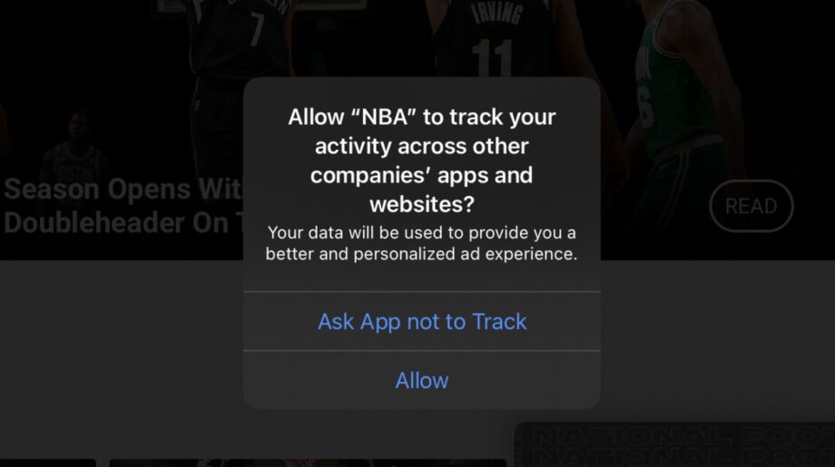 Screenshot of pop-up about NBA asking permission to track activites