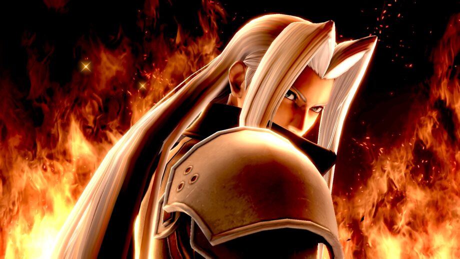 An animated image of a character named Sephiroth standing in Fire