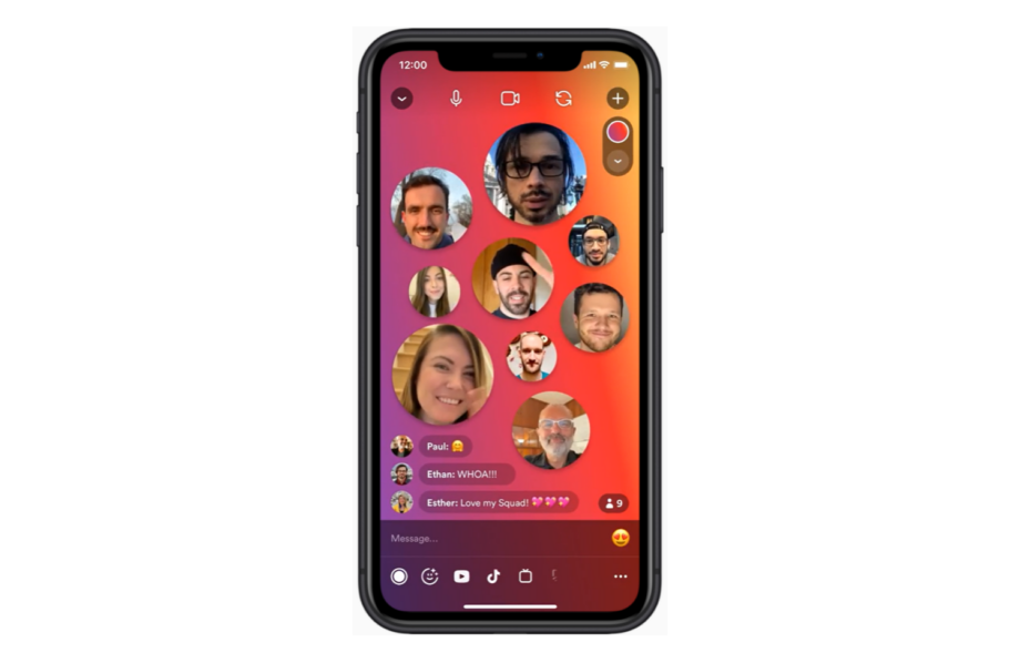 An iPhone standing on white background displaying group video chat