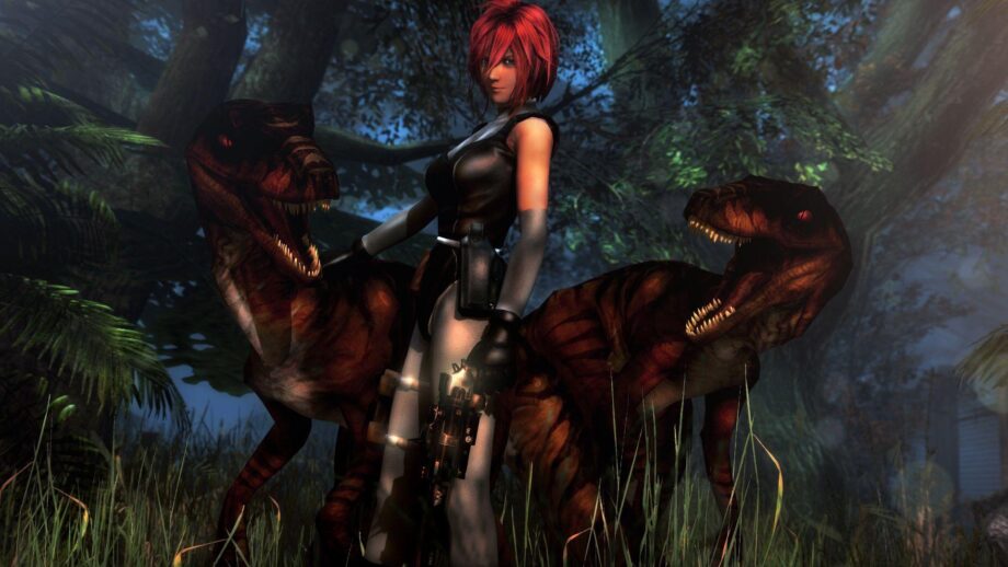 An animated picture of a girl holding a gun standing between two dinosaurs
