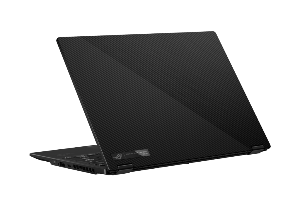 Left angled view of screen's back panel of a black Asus laptop standing on white background