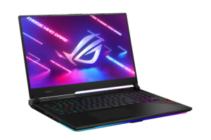 Asus ROG Strix Scar - Asus CES 2021 Left angled view of a black laptop standing on white background