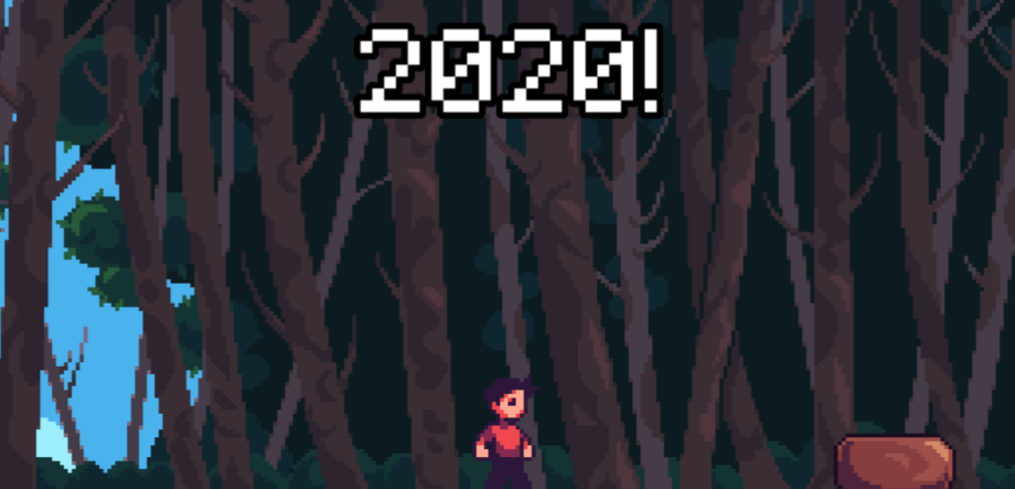 Picture of a pixelated game, a small guy standing in front of a forest with 2020! Written above him