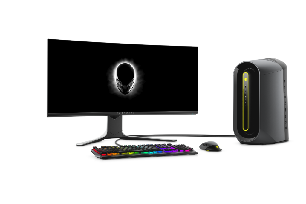 Alienware Aurora Ryzen Edition R10 - Dell CES 2021A silver-black Alienware Aurora Ryzen Edition R10 gaming desktop with other equipments standing on white background