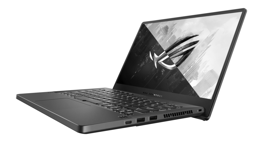 Front right angled view of a black Asus ROG Zephyrus G14 standing on white background
