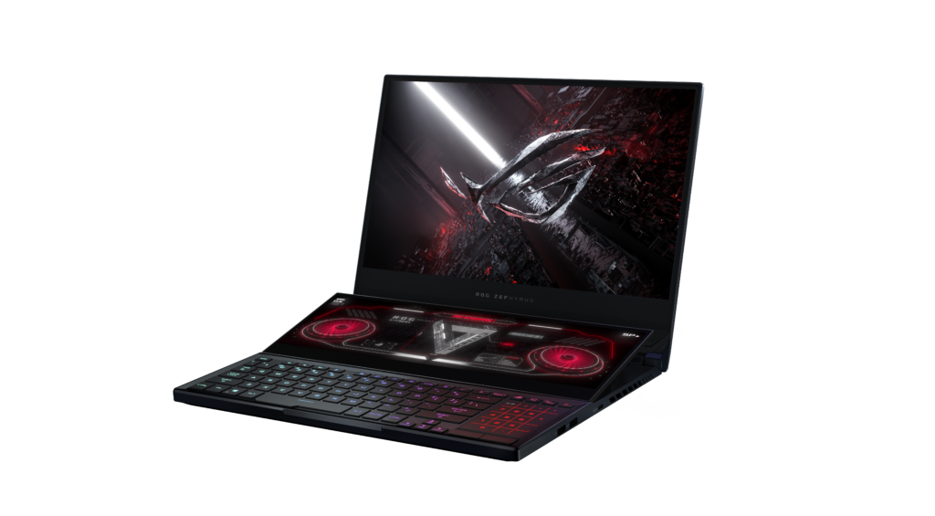 Asus ROG Zephyrus Duo 15 - Asus CES 2021A black Asus dual screen laptop standing on white background