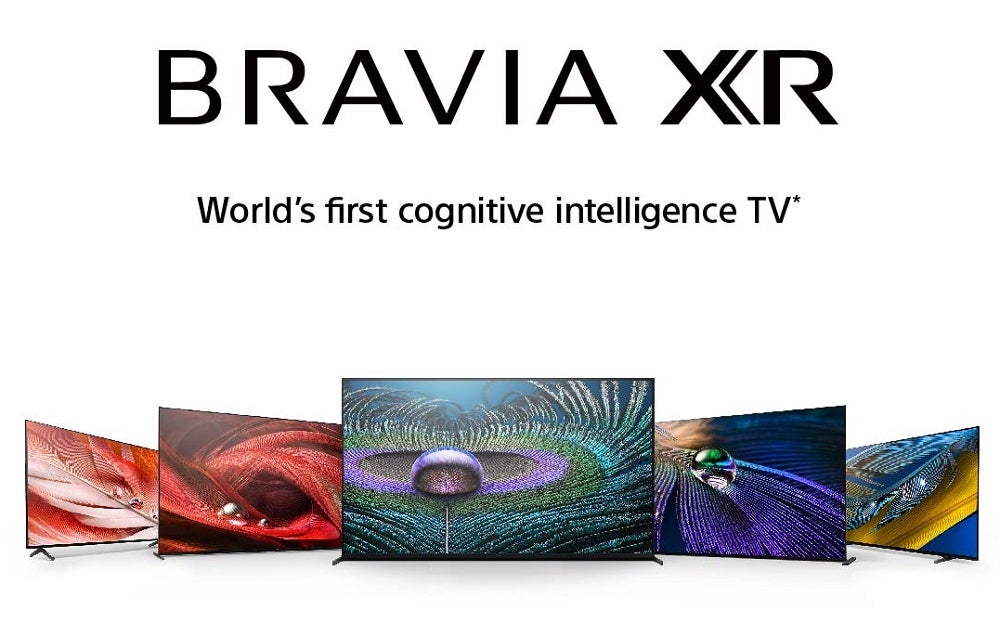 Five different Bravia XR TVs standing on white background 