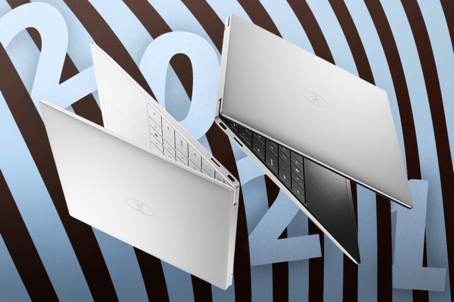 Two white dell laptops floating on white-brown background