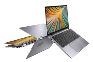 Three silver Dell Latitude 9420 floating on white background, showing front and back panel with one folded backwards