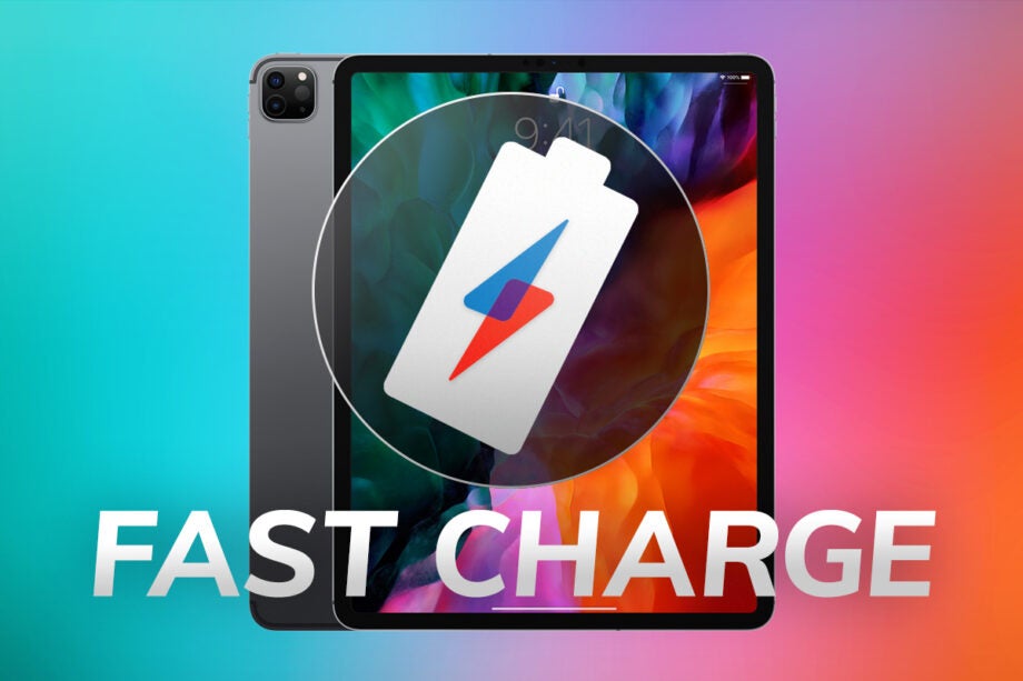 Two silver iPad standing on colorful background with a Fast charge logo and text on top