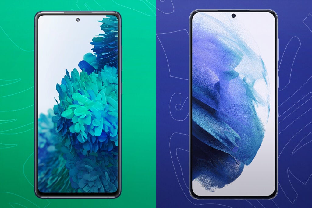 Comparision image of two smartphones, one standing on a green background and other one on blue background with a Fast charge logo and text on topComparision image of two smartphones, one standing on a green background and other one on blue background