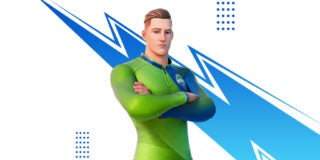 An animated characted in green football outfit standing on white-blue background