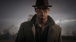 A scene from Hitman-3 England, close up image of a man wearing a coat, a hat and specs