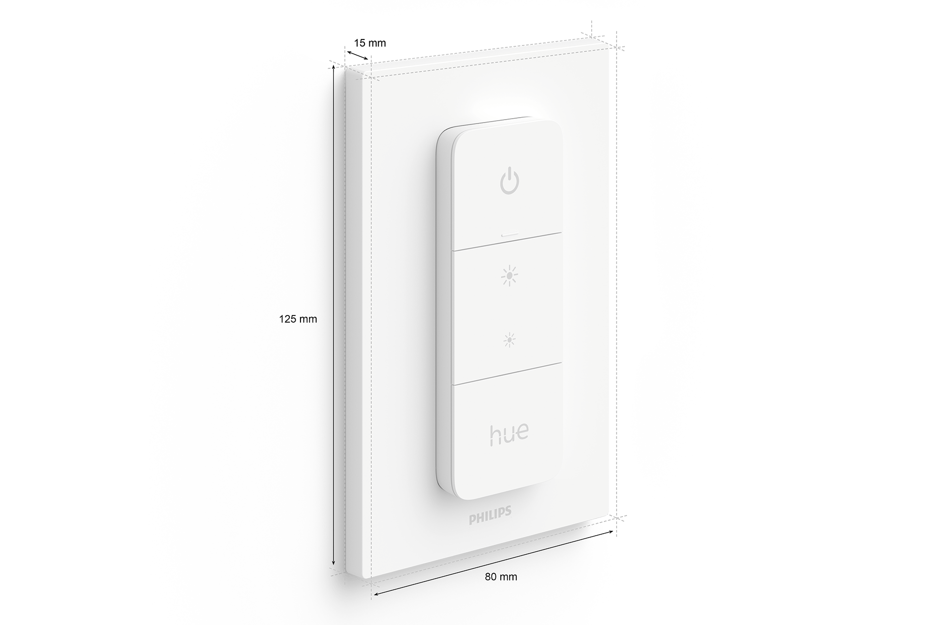 A white Philips Hue Dimmer switch attached to a white background with it's dimensions labelled