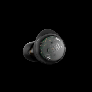 A silver JBL Tour Pro TWS earbud floating on black background