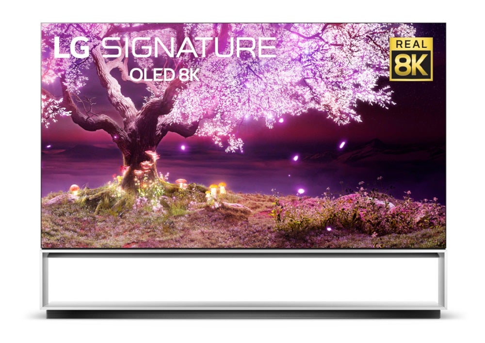 A black LG 8K OLED 88 Z1 TV standing on white background