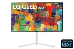 a black-silver LG G1 OLED Evo TV standing on white background
