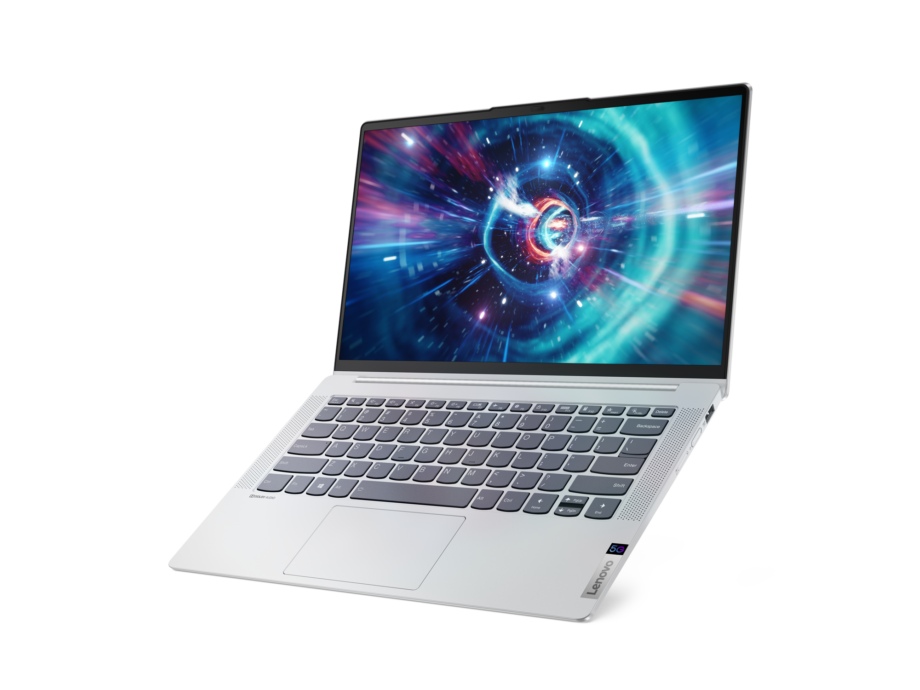 A silver Lenovo IdeaPad 5G standing on a white background
