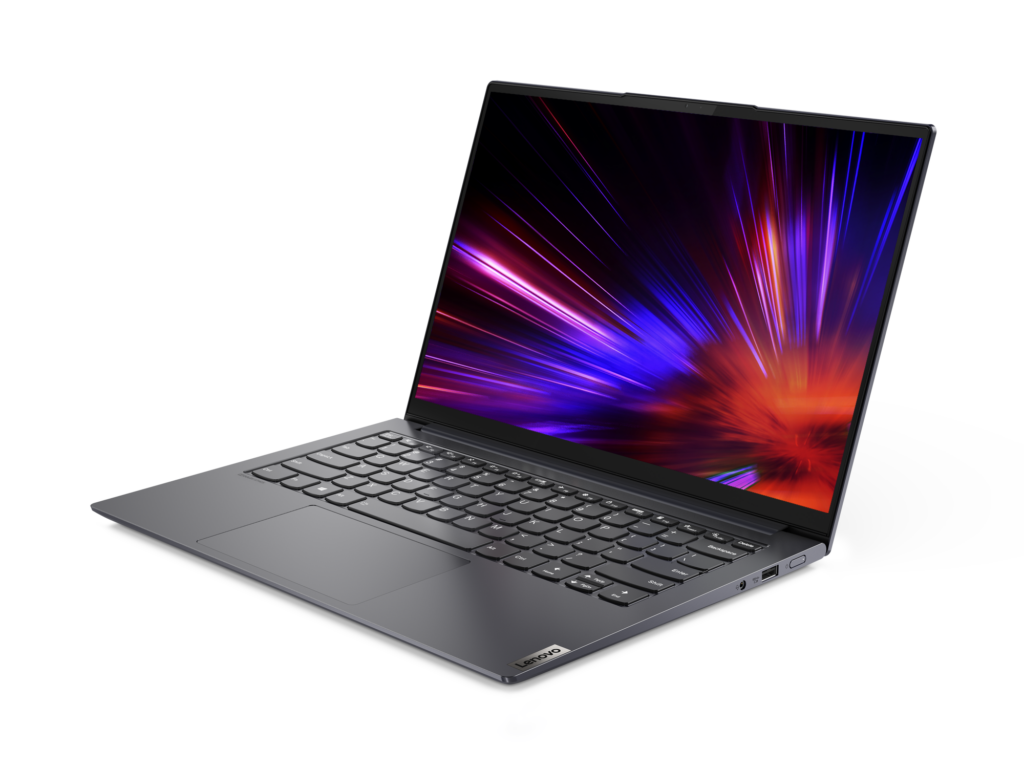 Right angled view of a black and gray Lenovo Yoga slim 7i Pro OLED laptop standing on white background