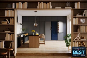 A silver Samsung Bespoke refiragrator firdge standing in a royal finish kitchen behind a book shelf
