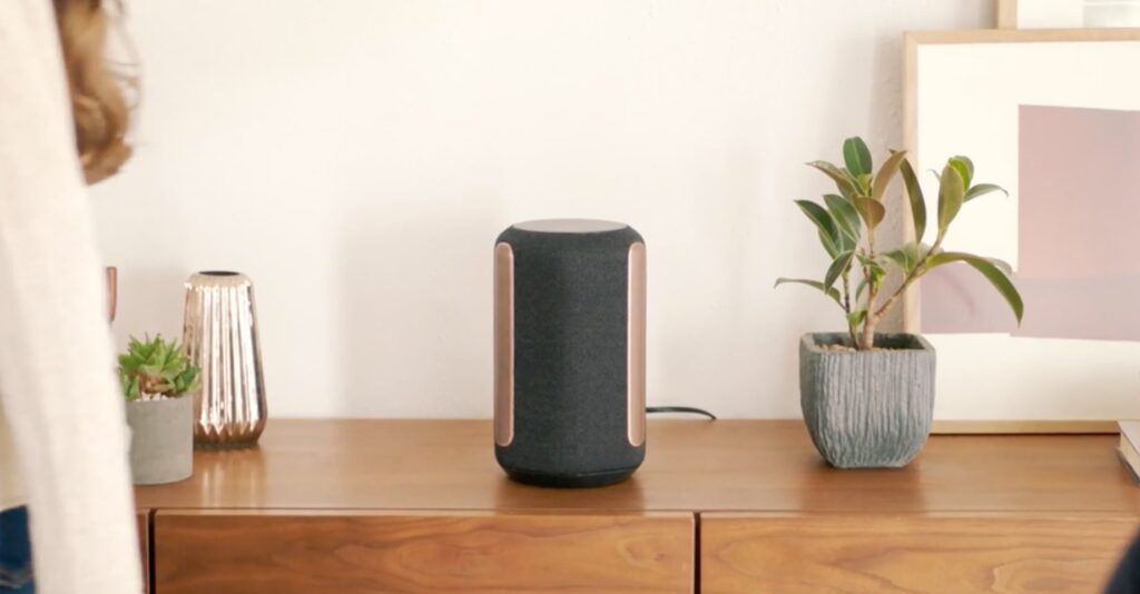 Black-brown Sony RA3000 speaker standing on a wooden table beside a plant pot