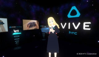 An animated girl holding a ViveFocusPlus Vr, standing on dark screens background