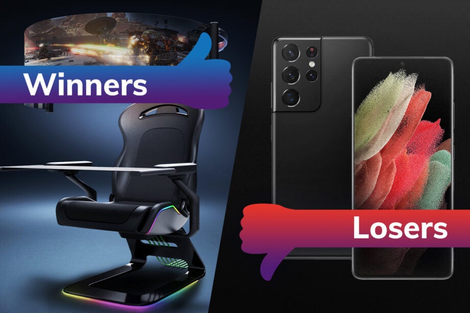 A black gaming chair on left tagged as winners and a black smartphone on the right tagged as losers