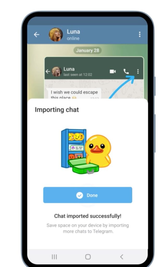 A smartphone displaying importing of chats from Whatsapp to Telegram