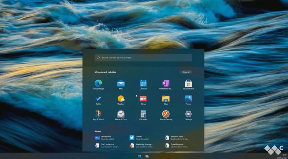 Screenshot of a Windows OS, wallpaper of waves at the back and app and websites pop-up menun on the front