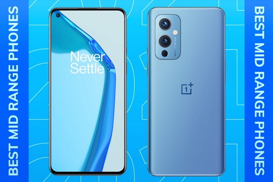 A light blue One Plus smartphone standing on a blue background, front and back panel,  with best mid ranged phones written on either sides