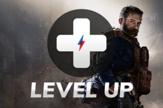 A man in a war outfit standing on battle field with a plus logo on top and Level up written below it