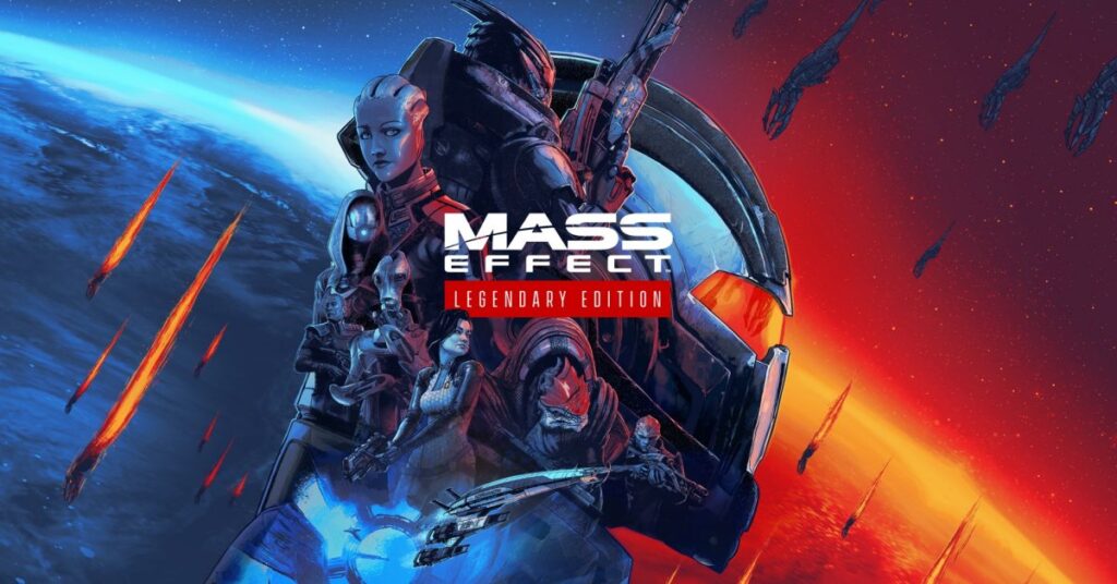 Thumbnail of a game called Mass Effect - Legendary edition, with a half burning earth at the back