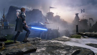 Picture of a scene from a game, a guy standing on a cliff, holding a light sword