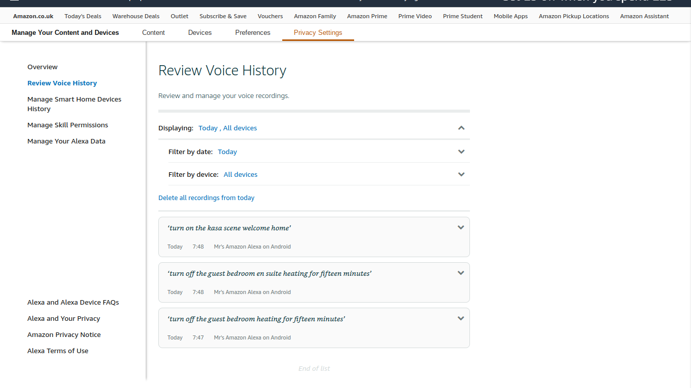 set filters for voice history in Alexa