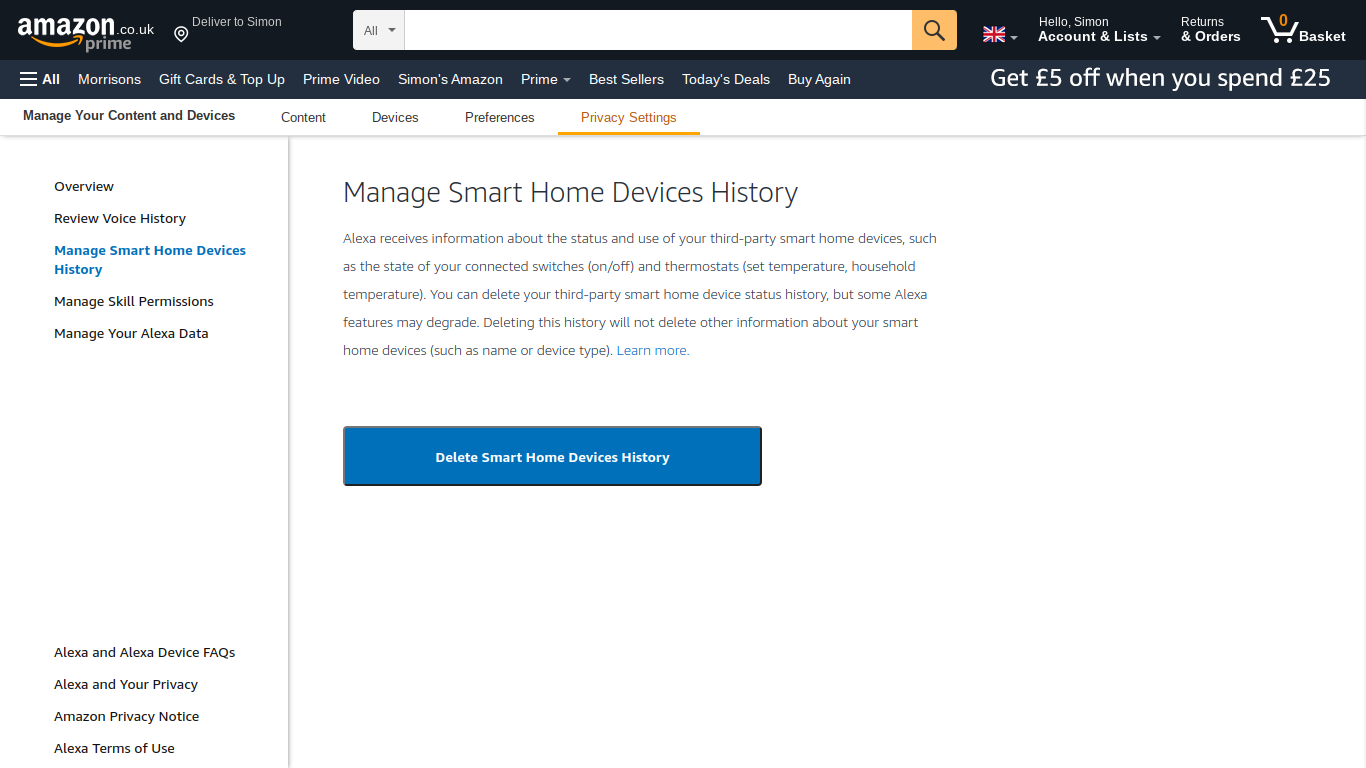 Delete smart home device history in Alexa